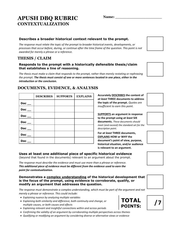 dbq essay apush rubric