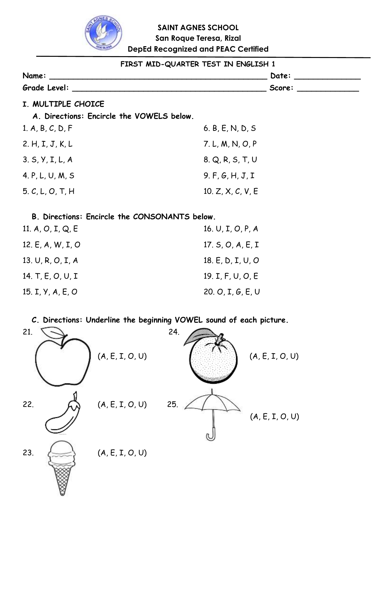 English 1 Mid Quarter Exam