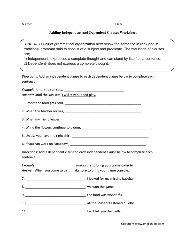 Adding Dependent and Independent Clauses Worksheet