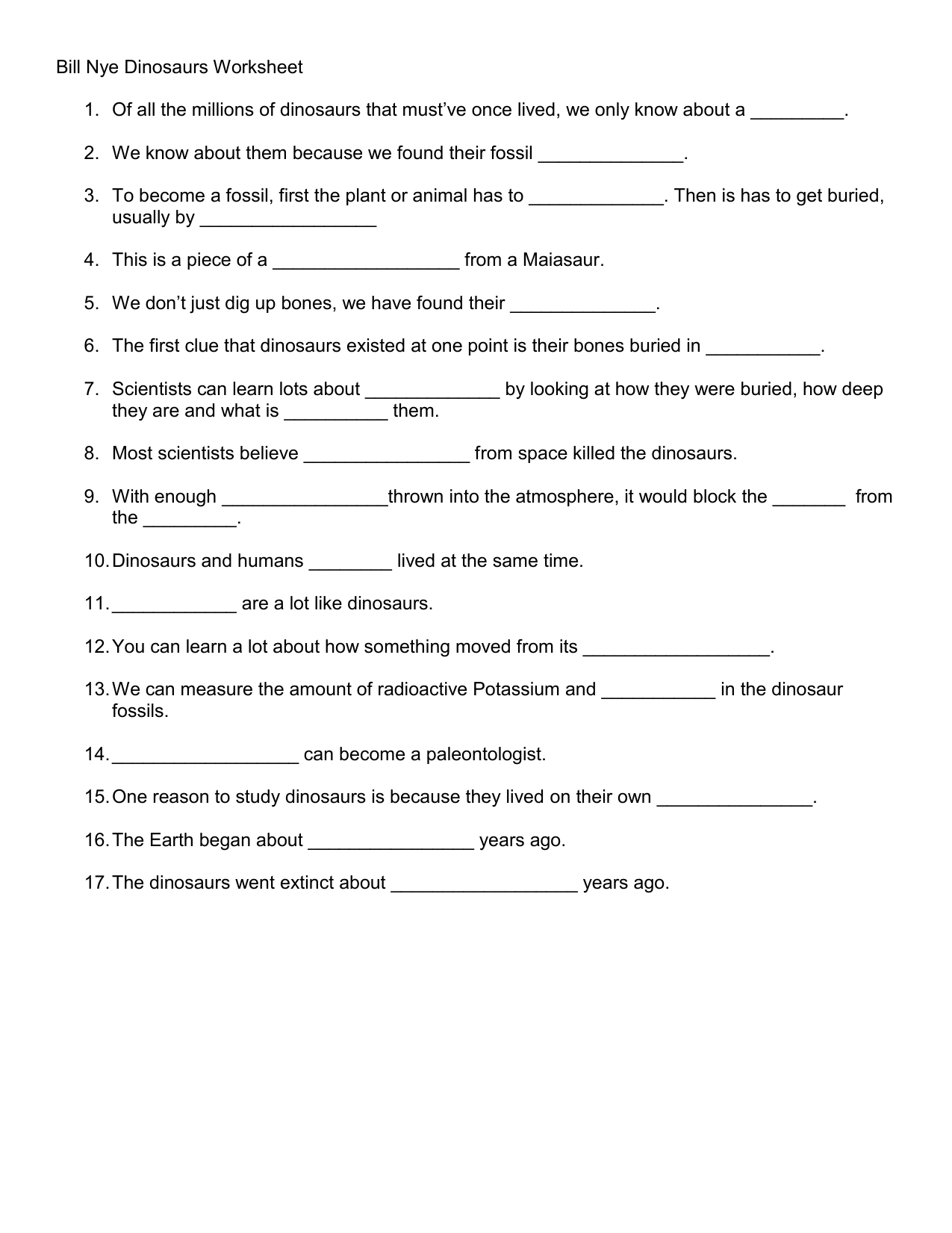 Bill Nye Fossils Worksheet