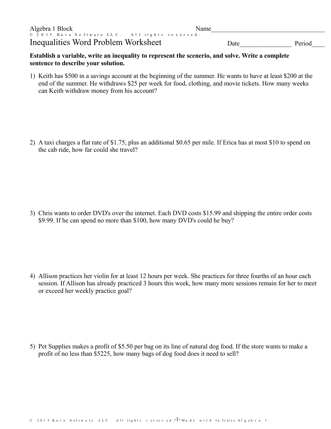 Creating Inequalities from Verbal Descriptions Intended For Algebra 1 Inequalities Worksheet