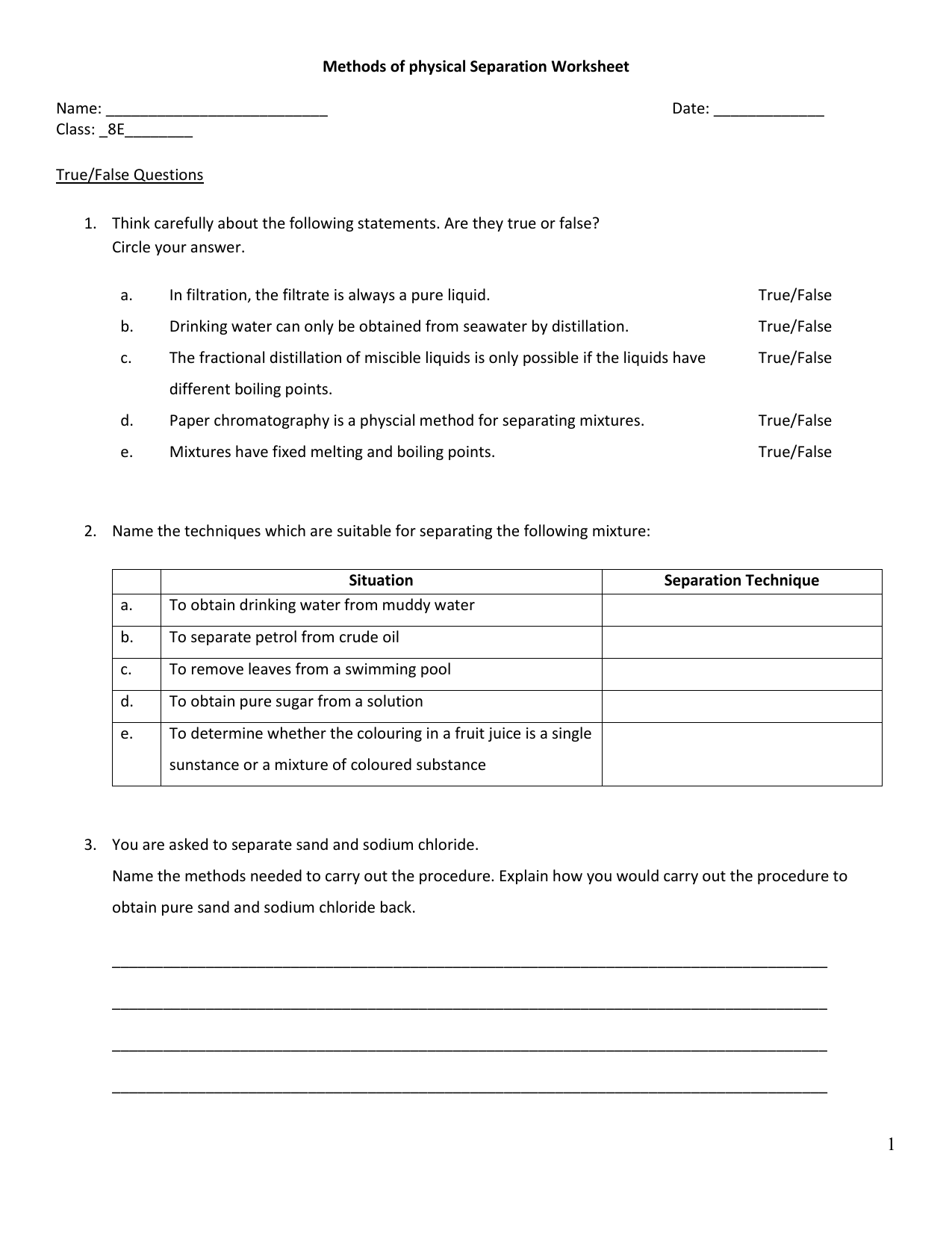 separation techniques worksheet ms tay-20 With Regard To Separation Of Mixtures Worksheet