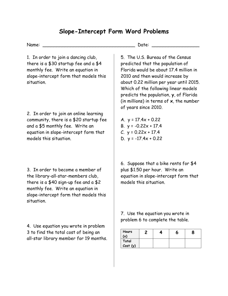 Slope Intercept Form Word Problems Worksheet