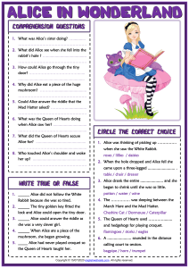 alice in wonderland esl printable reading comprehension questions worksheet for kids