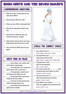 snow white and the seven dwarfs esl printable reading comprehension questions worksheet for kids