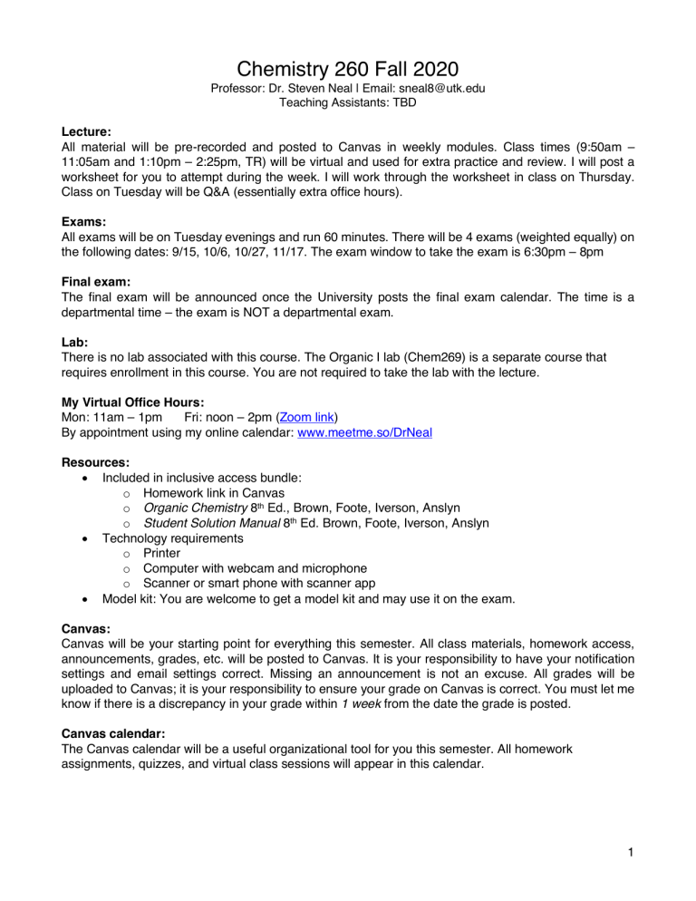 Utk Fall 2022 Exam Schedule Chem 260 Syllabus