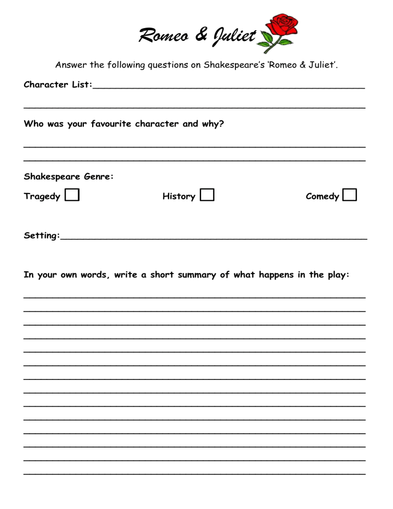 Romeo And Juliet Play Summary Worksheet