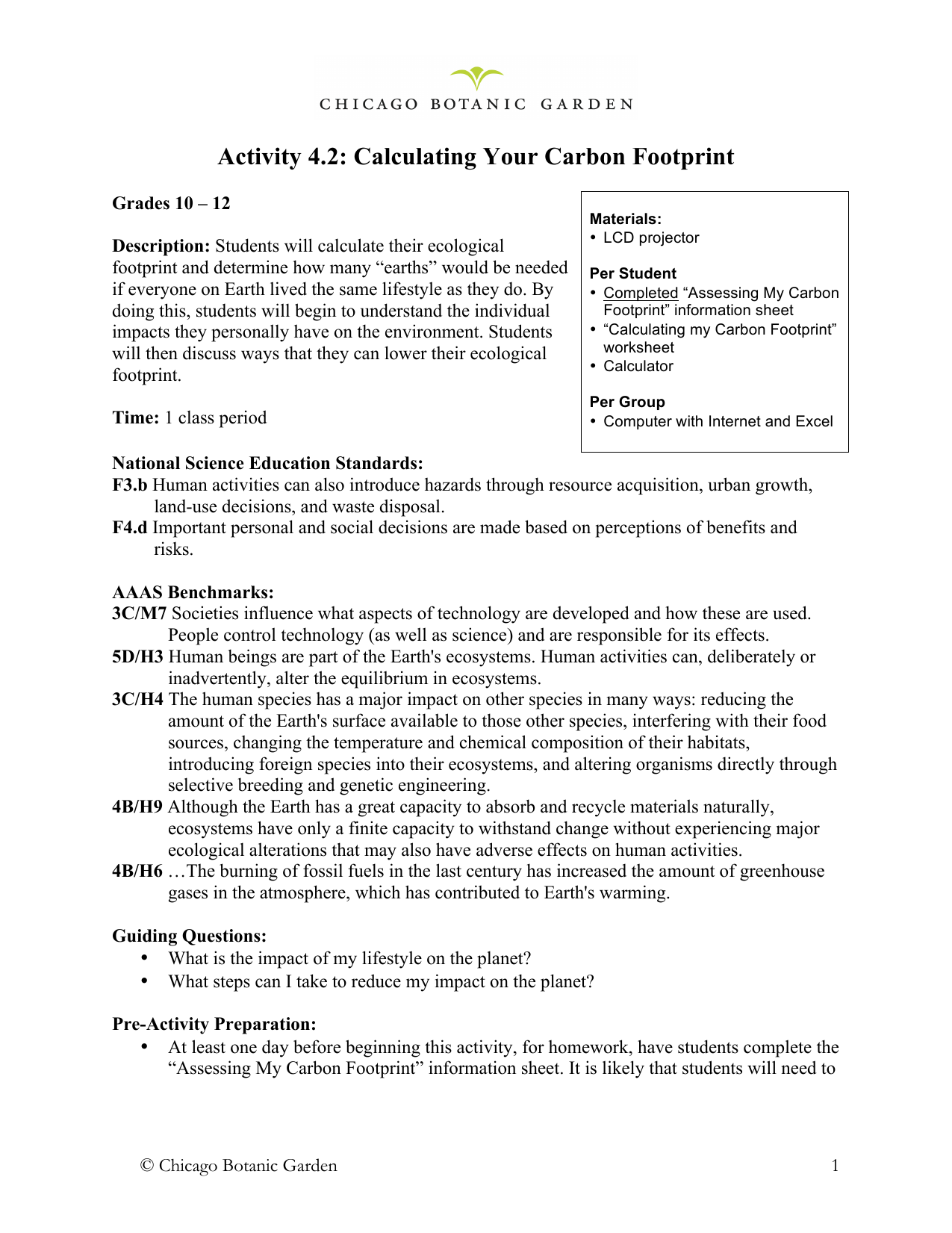 Unit 2222 Grades 2222-2222 Activity 2222.22 CalculatingYourCarbonFootprint Within Ecological Footprint Calculator Worksheet