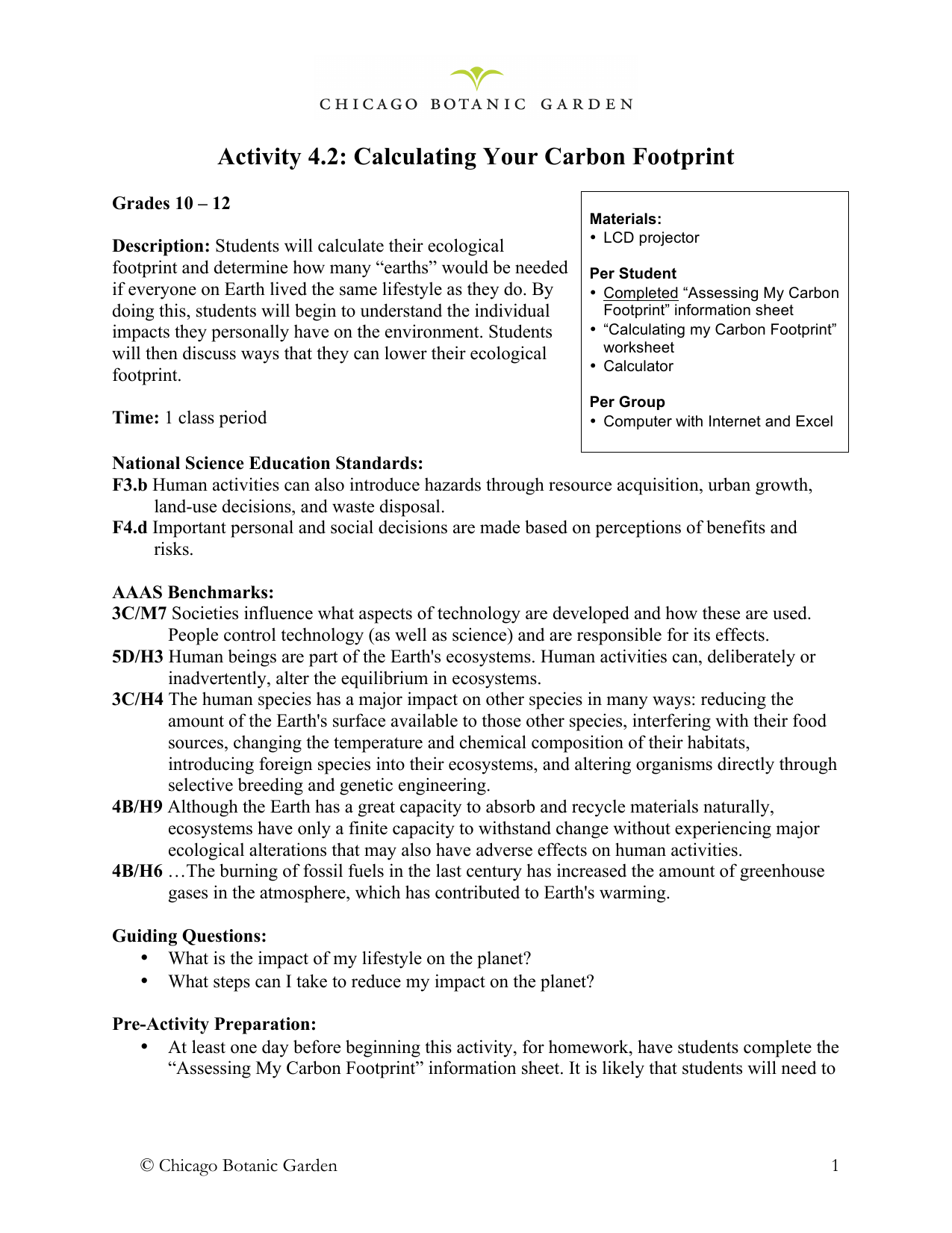 Unit 211 Grades 211-211 Activity 211.21 CalculatingYourCarbonFootprint Regarding Ecological Footprint Calculator Worksheet