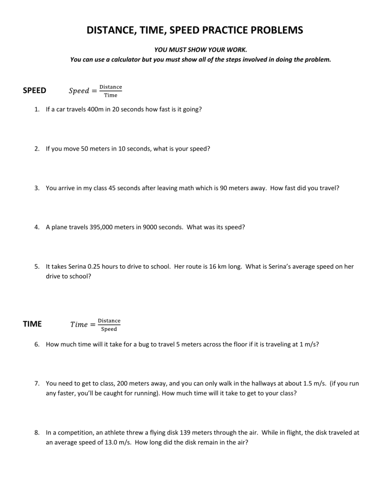 Speed distance and time worksheet