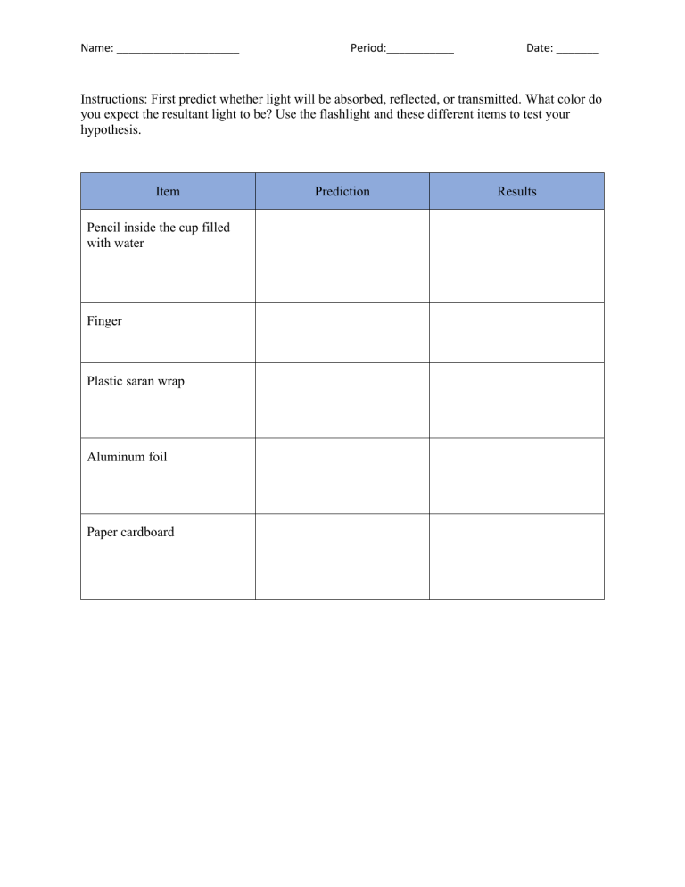 Exploring Light Properties Worksheet