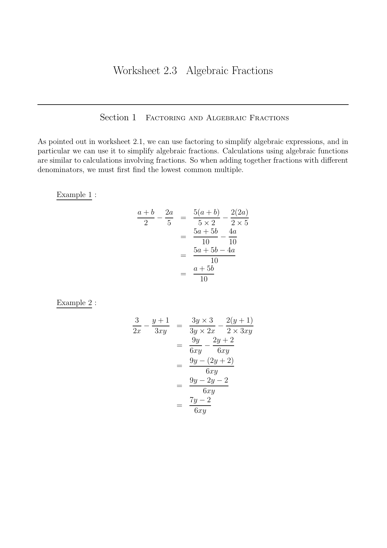 Algebraic Functions For Simplifying Algebraic Fractions Worksheet