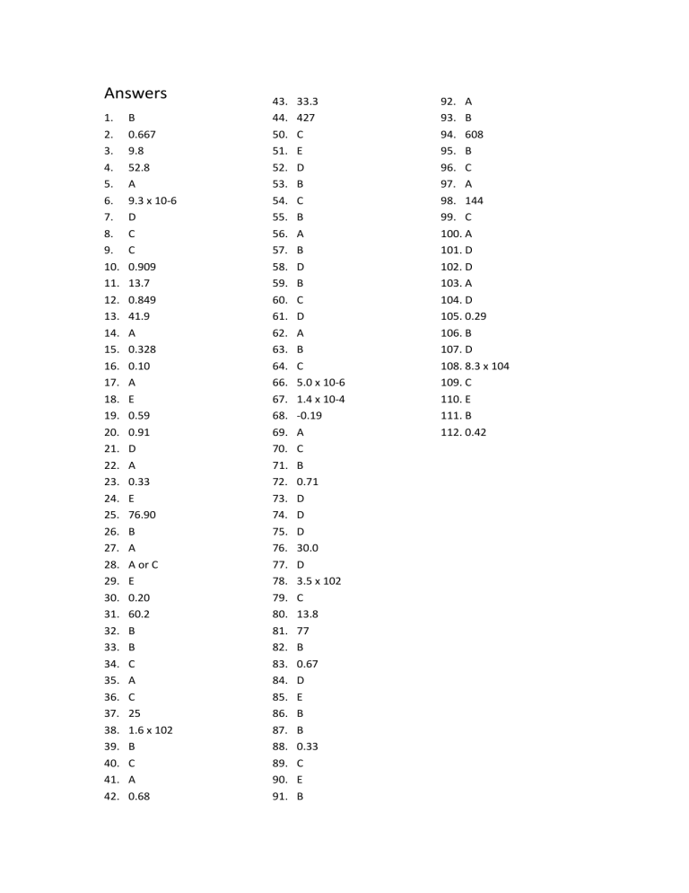 Science Test Answer Key