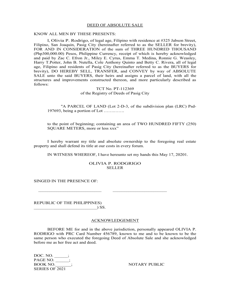 deed of assignment format philippines