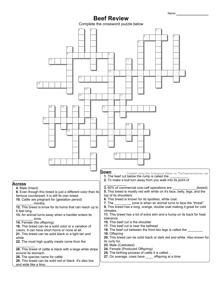 Beef Crossword