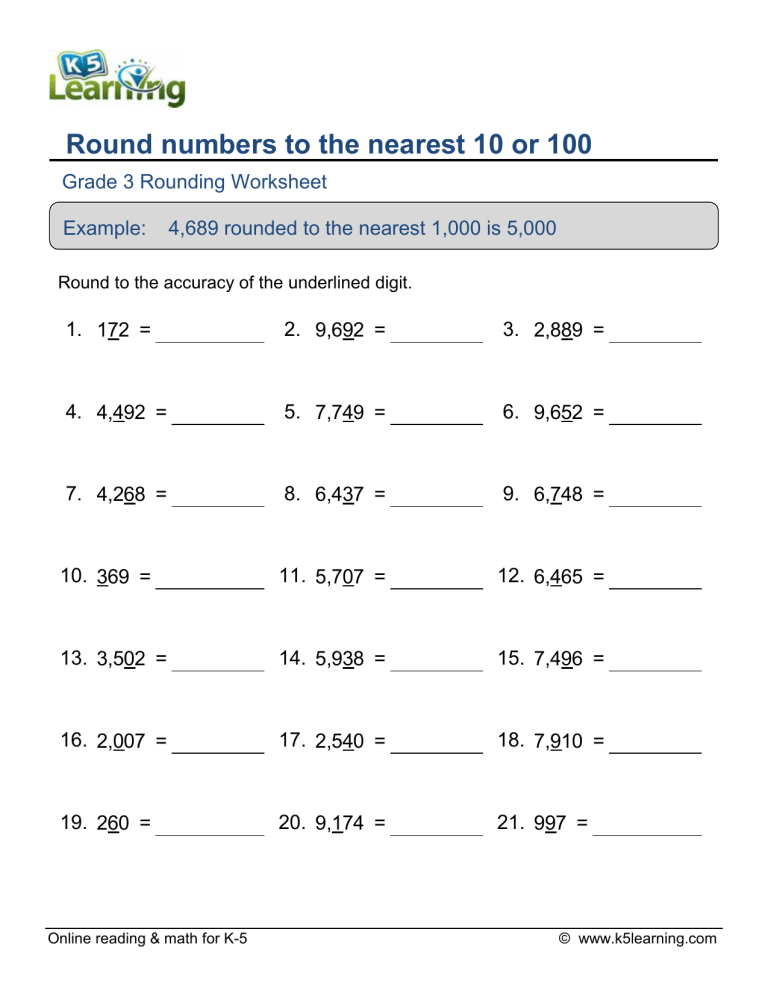 Grade 3 Rounding Worksheet Round Numbers To The Nearest 10 Or 100