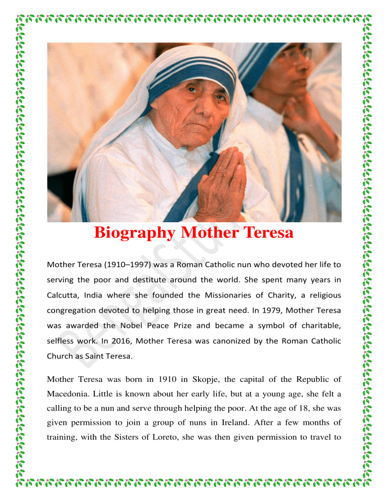 a short biography of mother teresa