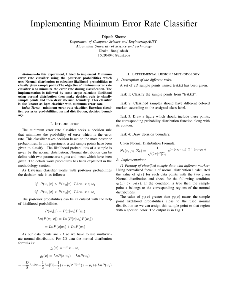 Minimum Error Rate Classifier Implementation