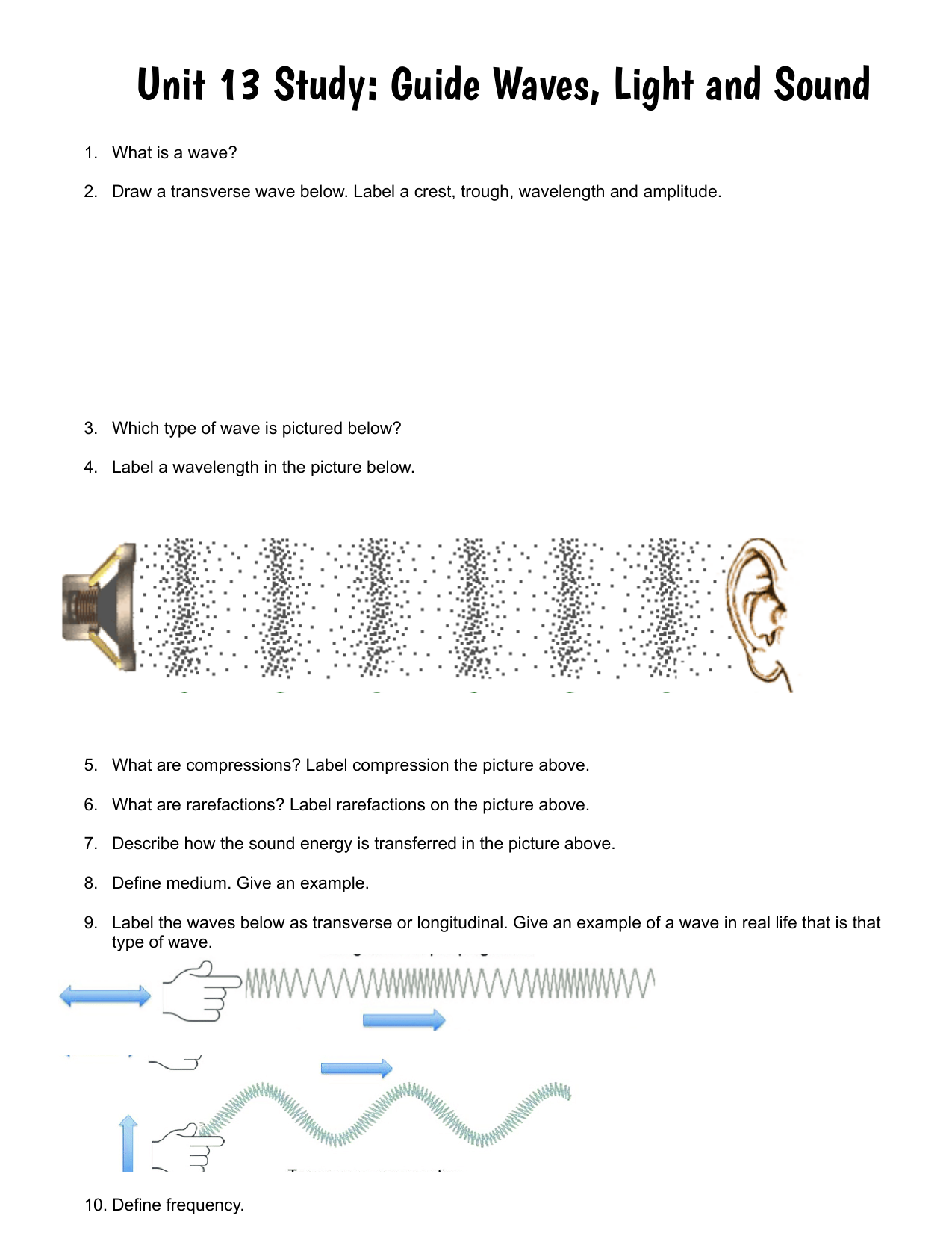 Unit 11 Study Guide Waves, Light and Sound Within Worksheet Labeling Waves Answer Key