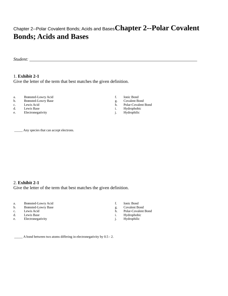 Polar Covalent Bonds, Acids, Bases Worksheet