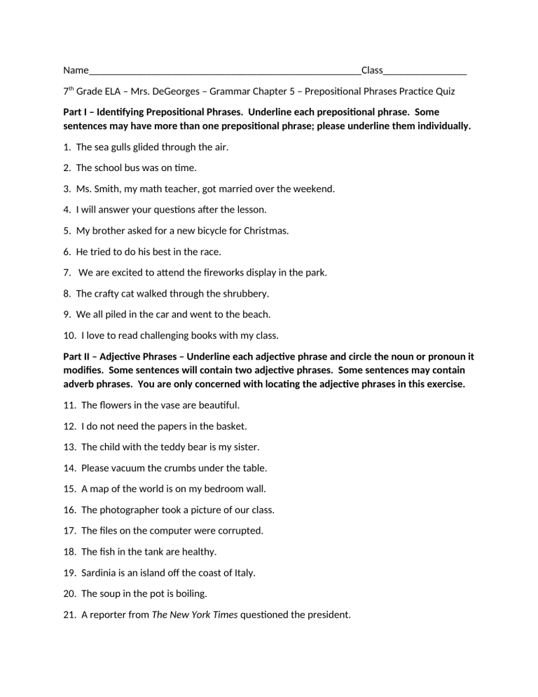 Prepositional Phrase Worksheet With Answers Grade 5