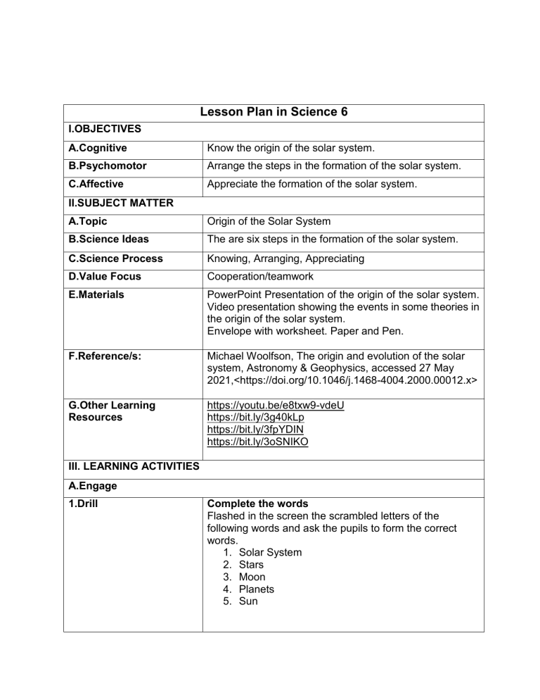 Lesson Plan in the origin of the solar system