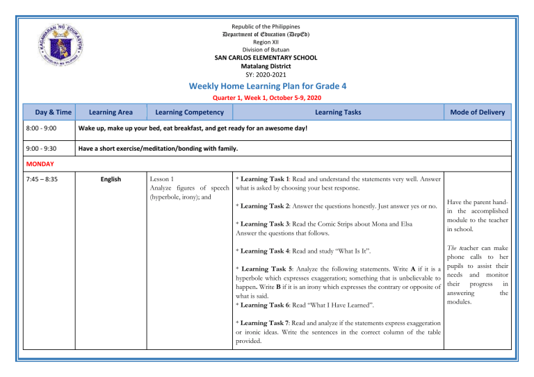 Weekly Home Learning Plan For Grade 4