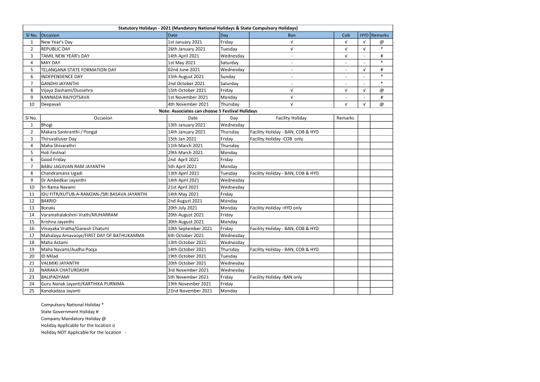Holiday List 2021