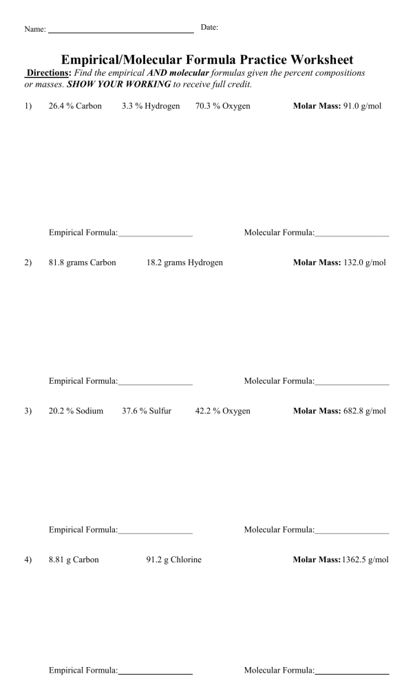 Empirical Molecular Formula Practice WS