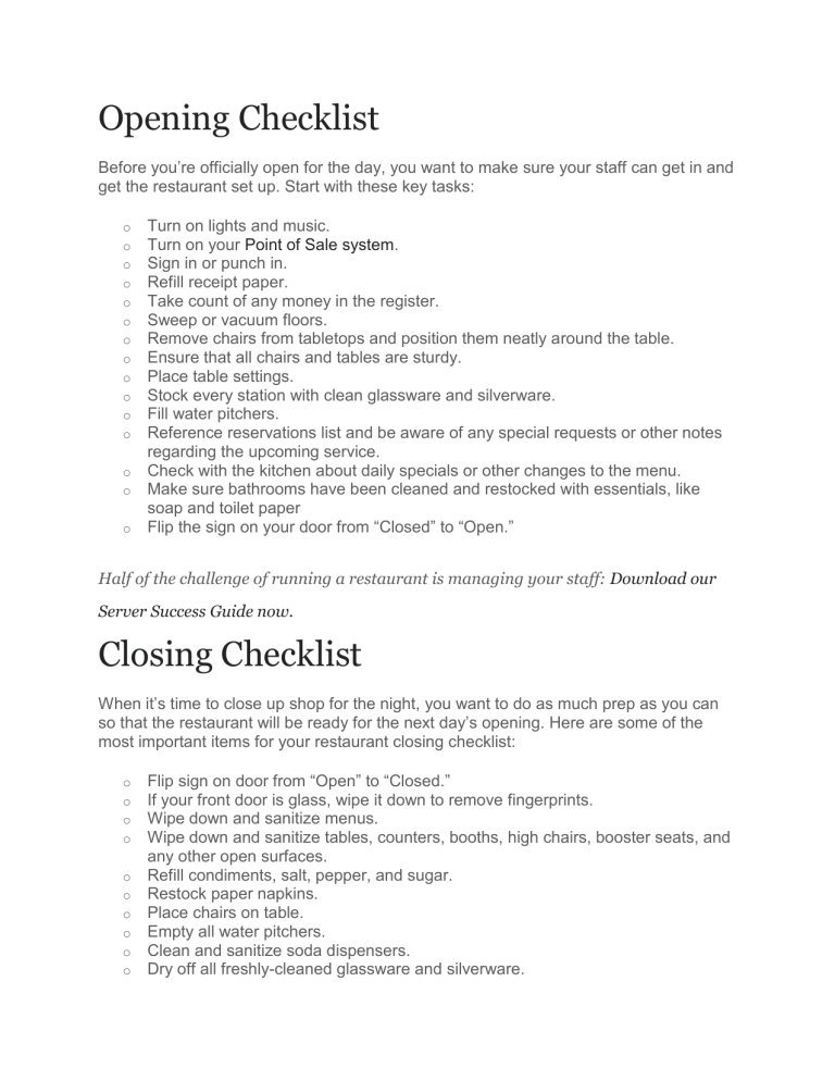 Front Of House Opening And Closing Checklist