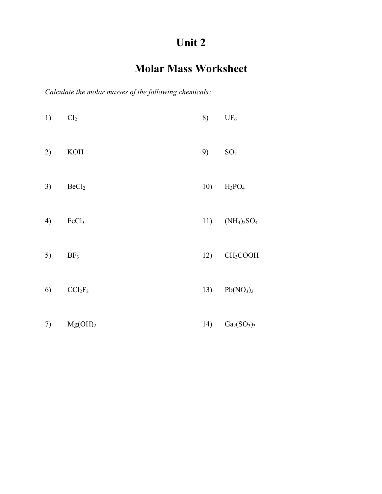 Worksheets for Unit 22 molar mass to stoichiometry Intended For Molar Mass Worksheet Answer Key