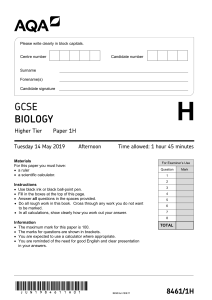 AQA GCSE Higher biology Paper 1 (past paper 2019)