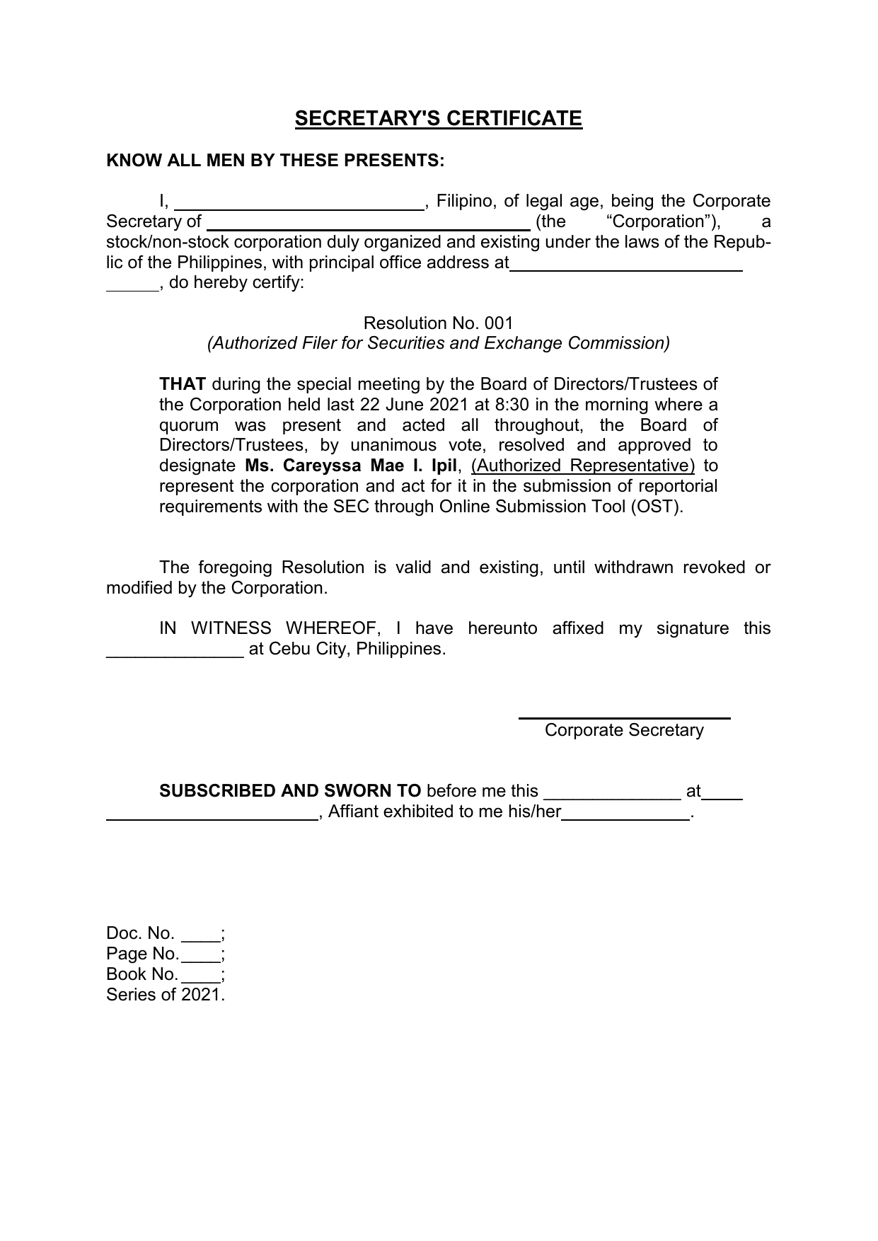 Corporate Secretary Certificate Template 10 Templates Example Templates ...