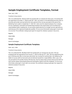 Sample Employment Certificate Templates