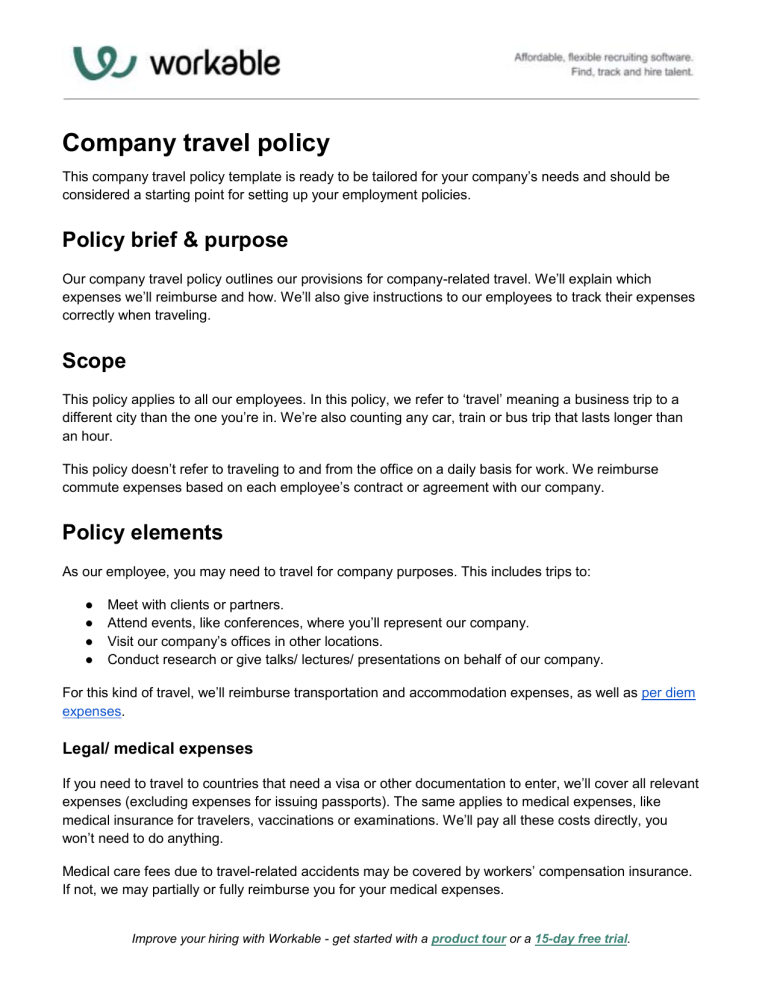 Company Travel Policy Template / Hr Policy / Employee Catalogue A