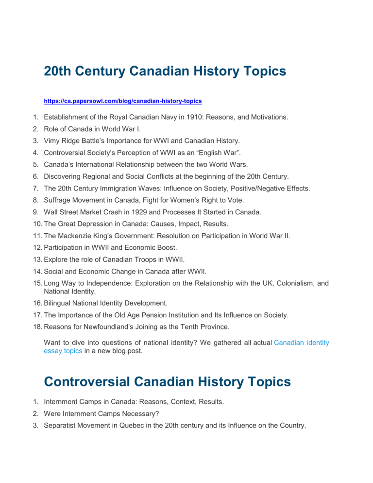 topics for canadian history essay