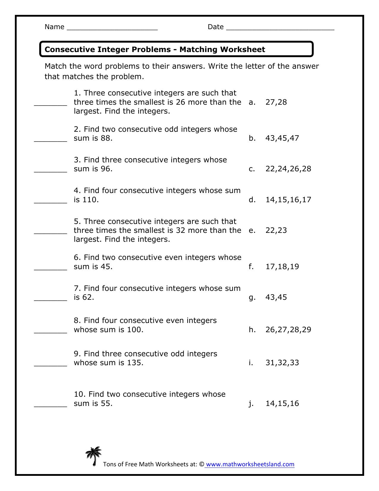 g22 Consecutive Integer Problems - Matching Worksheet Regarding Integers Word Problems Worksheet