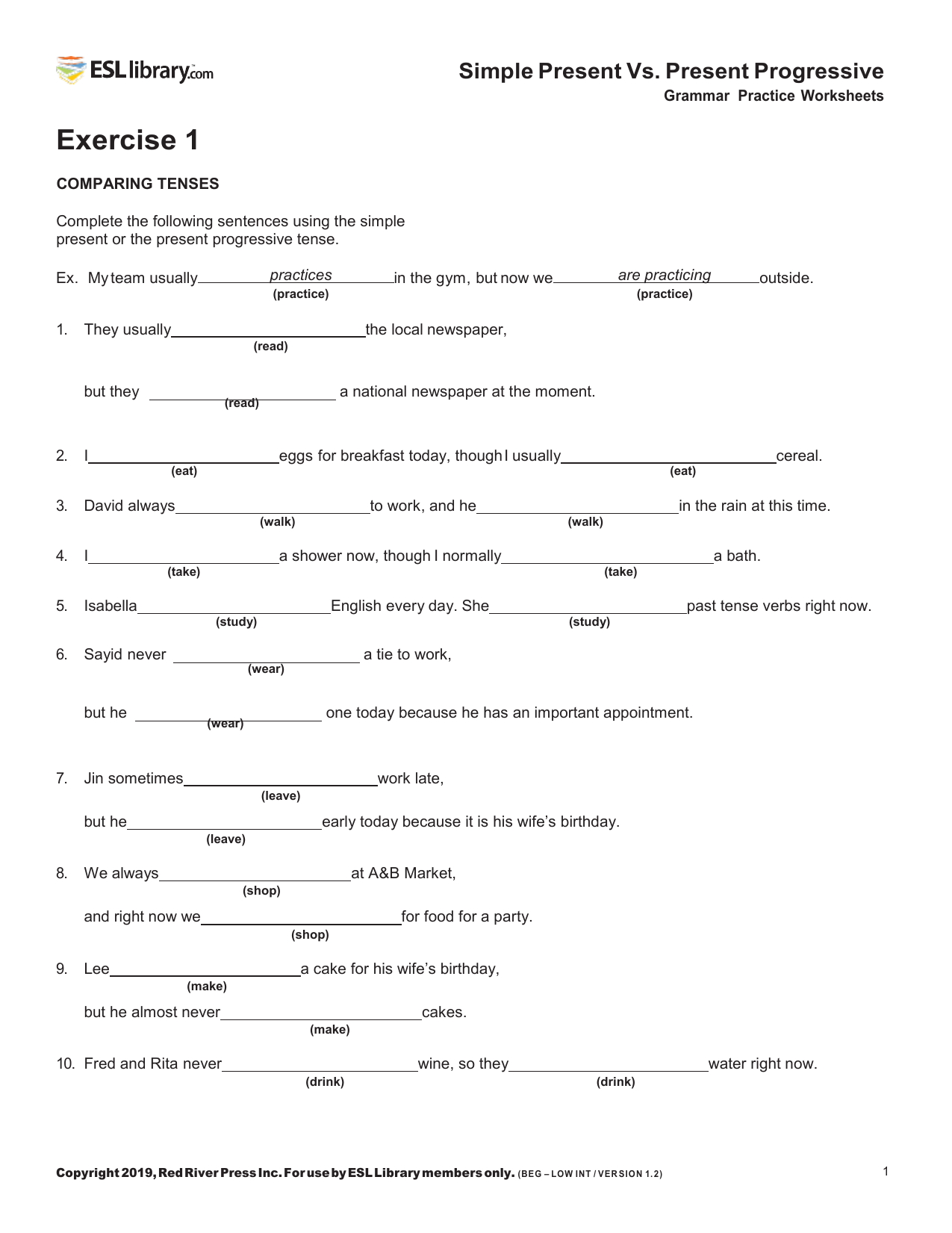 practice simple present tense vs present continuous tense