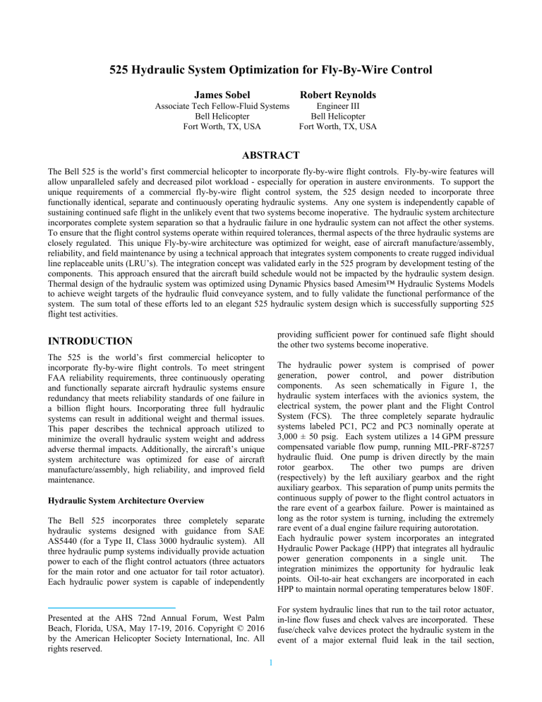 525 Hydraulic System Optimization for Fly-By-Wire Control Paper AHS F72 ...