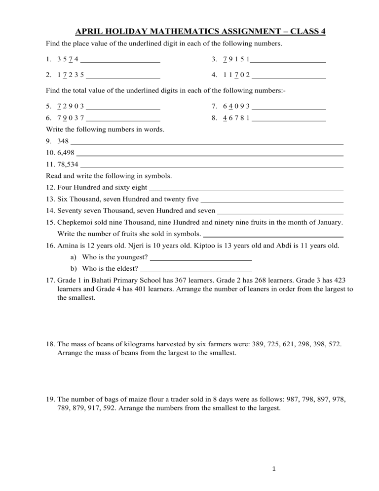 holiday assignment for grade 4