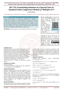 RP 170 Formulating Solutions of a Special Class of Standard Cubic Congruence Modulo p2 Multiple of 3n