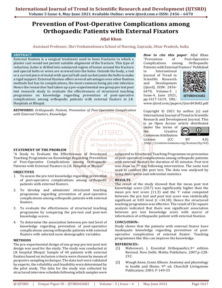 Prevention of Post Operative Complications among Orthopaedic Patients