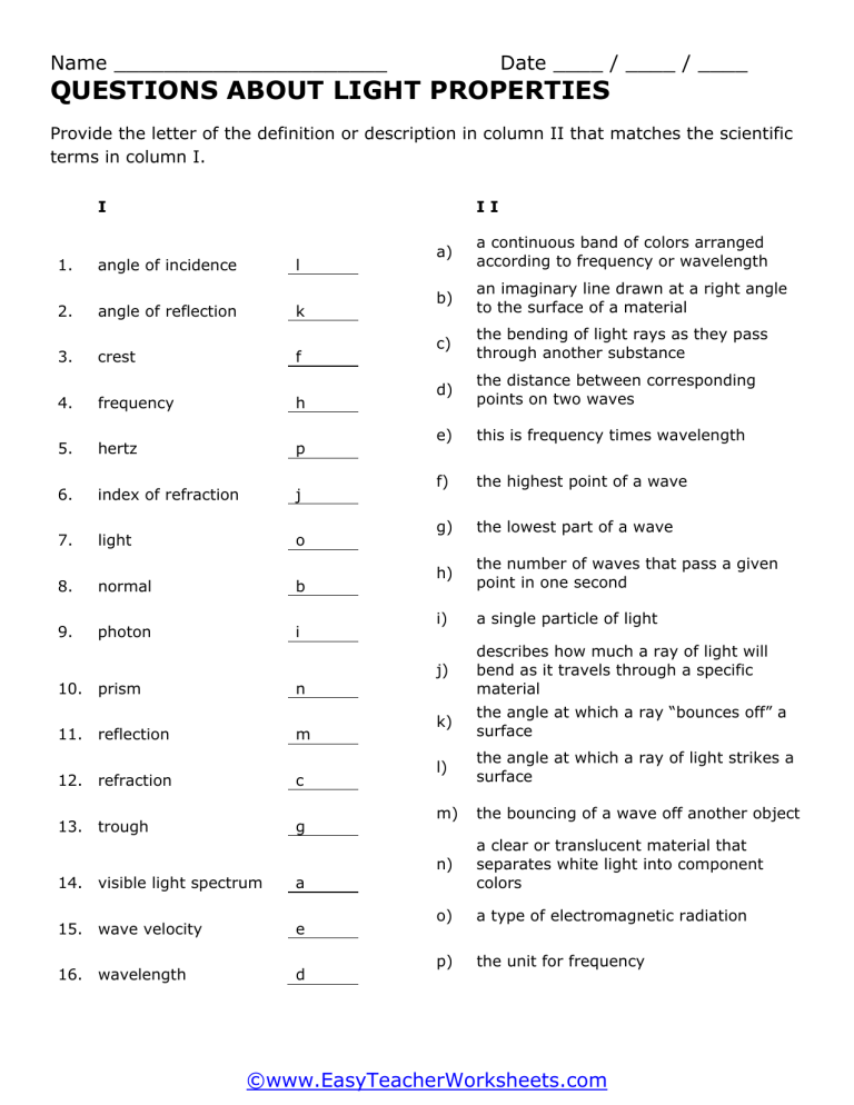 Light Properties pdf Answers