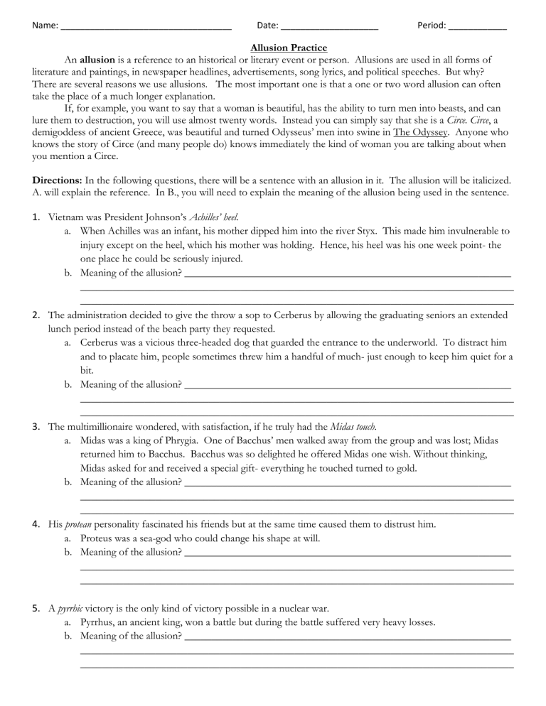 Allusion Practice Worksheet Answers