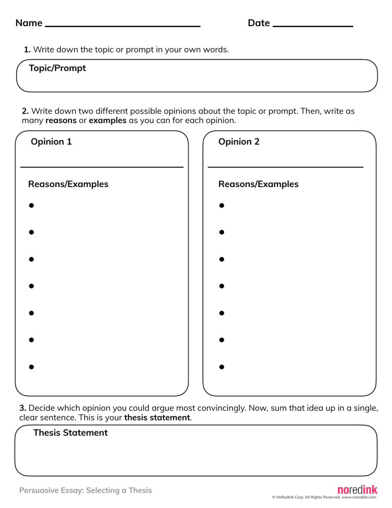 persuasive essay thesis statement and gathering resources worksheet