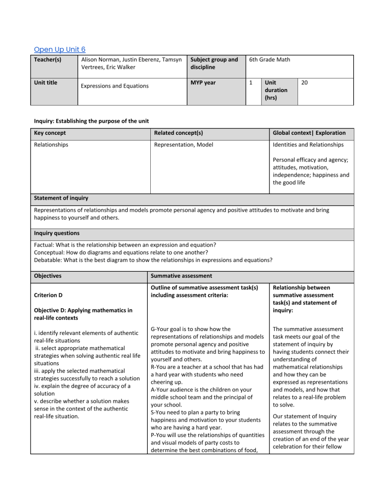 IB Unit Planner Unit 6 6th Grade Math 2 2 