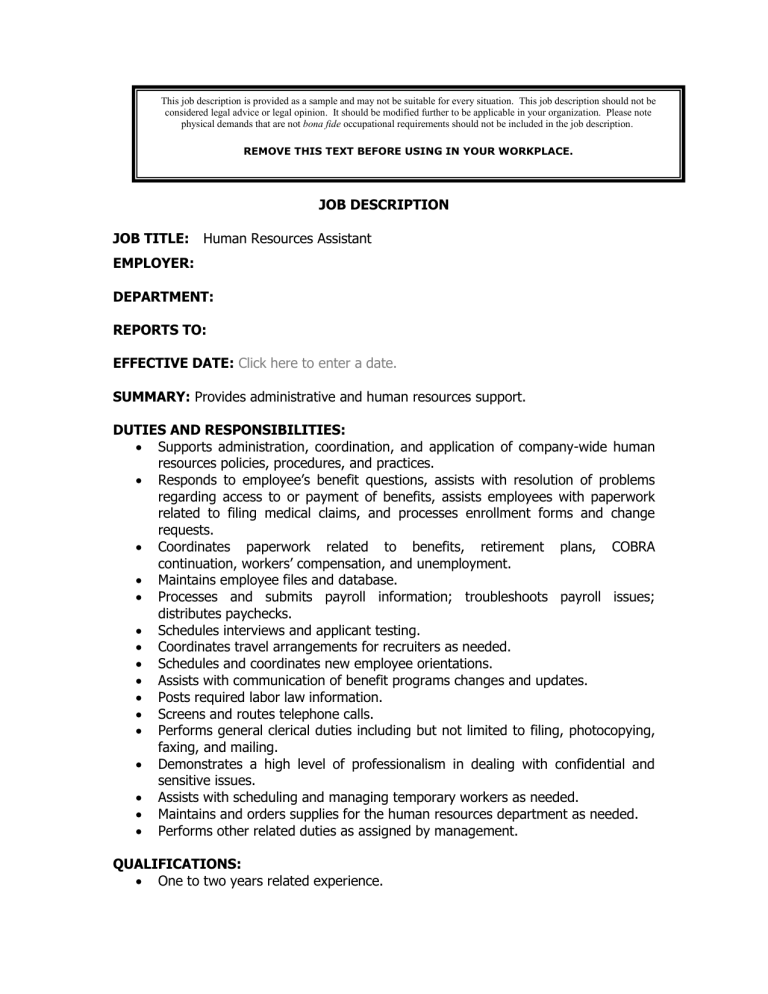 Human Resources Assistant Job Description Hospital