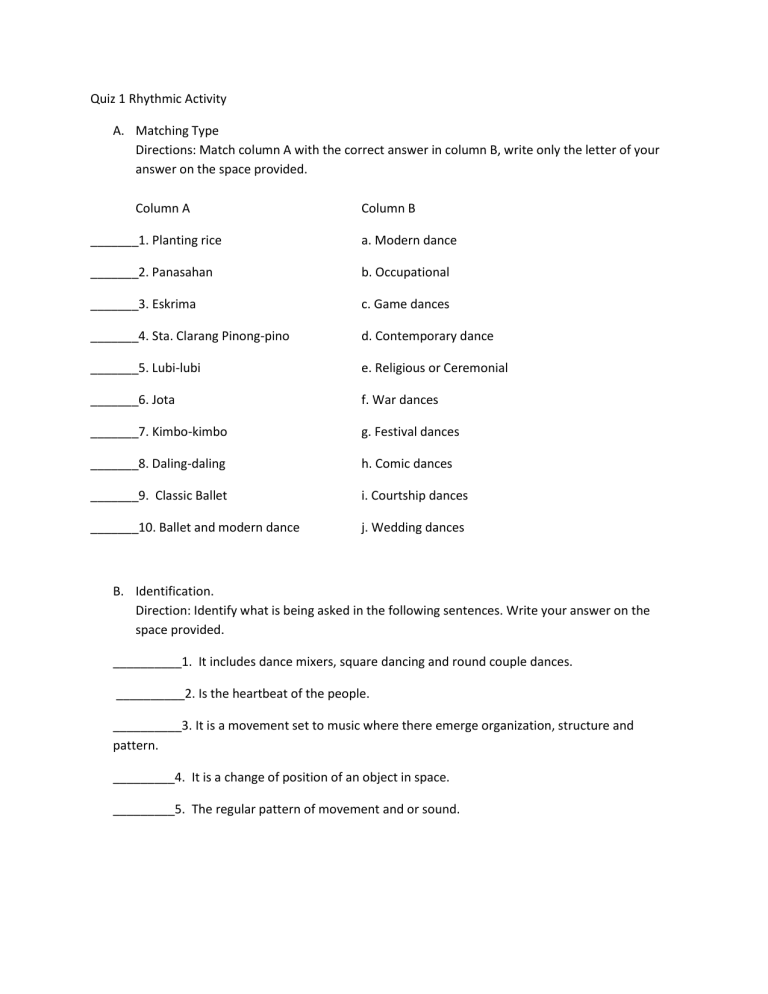 Quiz 1 Rhythmic Activity