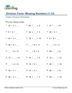 Division Facts Missing Numbers Worksheet Grade 4