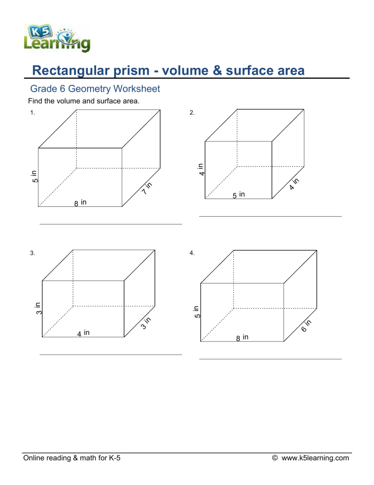 Grade 6 rectangular prism volume surface area a